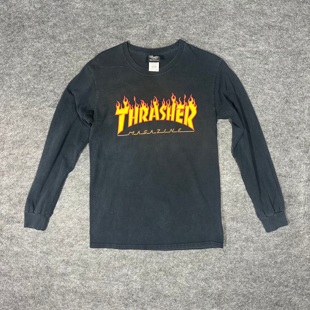 Thrasher Magazine Flame‎ Logo Long Sleeve T Shirt Black Men's Size Small
